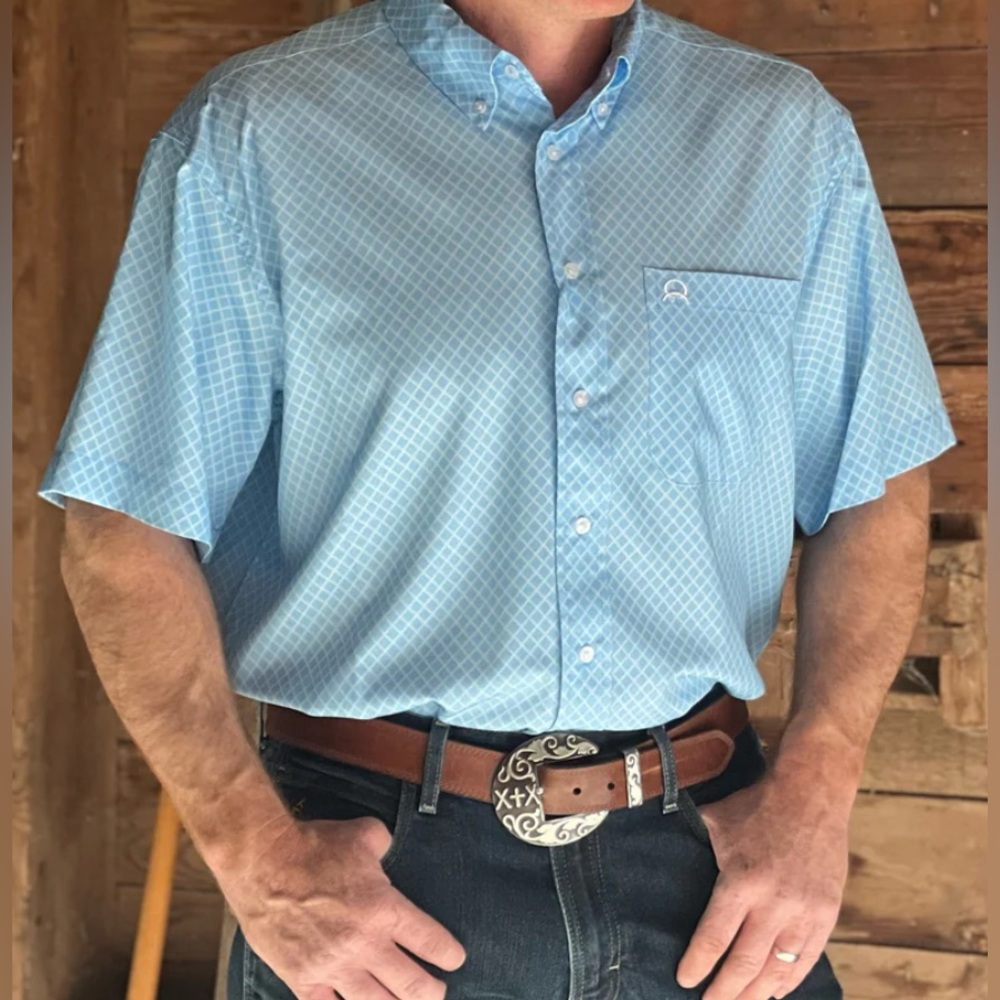 DEREK LIGHT BLUE CHECKERED ARENA FLEX CINCH MEN'S SHORT SLEEVE SHIRT